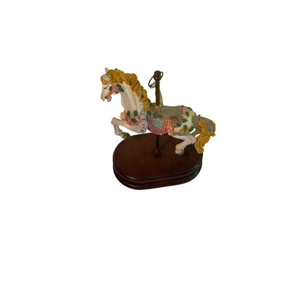 Vintage Carousel Horse Music Box Figurine With Floral Accents & Wooden Base - Picture 3 of 6